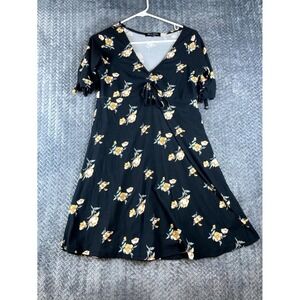 Brave Soul London Mini Dress Womens Small Black Yellow Floral V Neck Tie Front